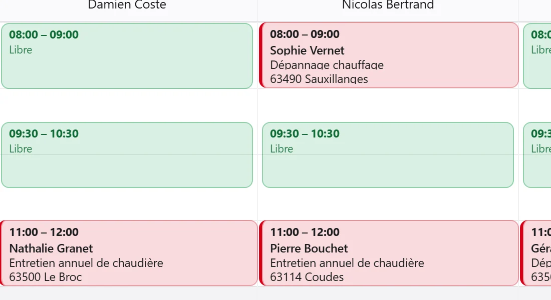 Créneaux libres et réservés dans le planning