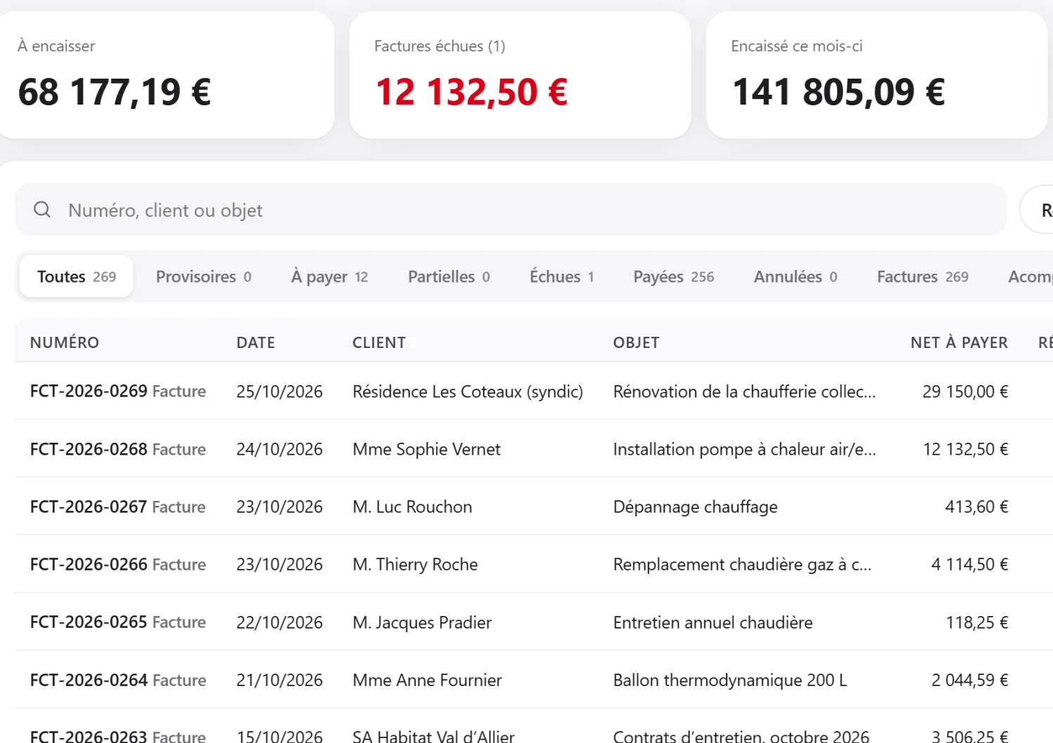 Liste des factures et état de la facture électronique