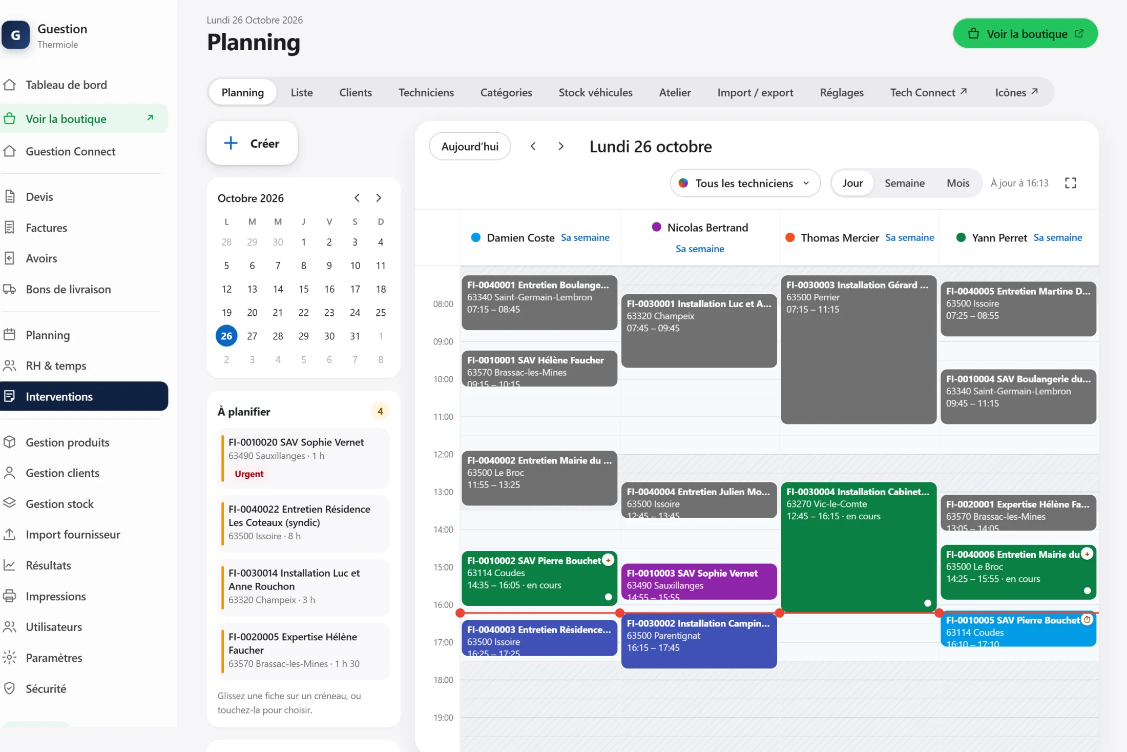 Planning des techniciens, vue du jour, interventions en cours