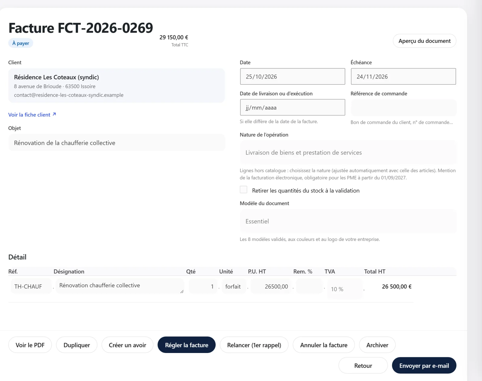 Facture avec règlement, relance et avoir
