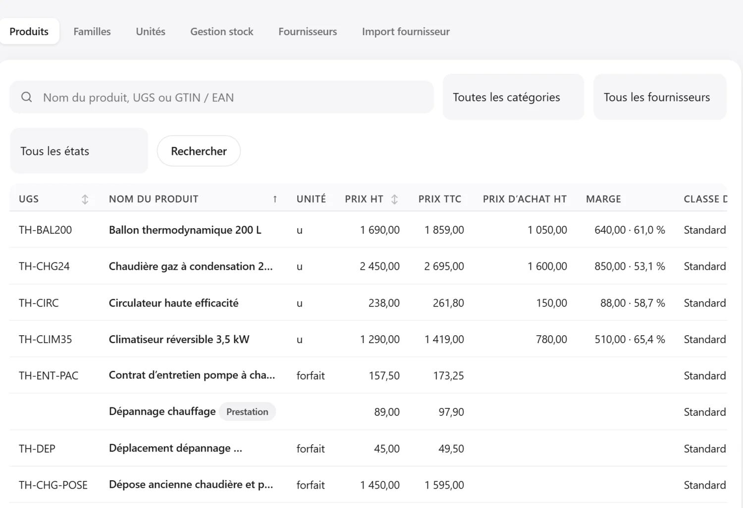 Catalogue de produits avec prix, marges et TVA