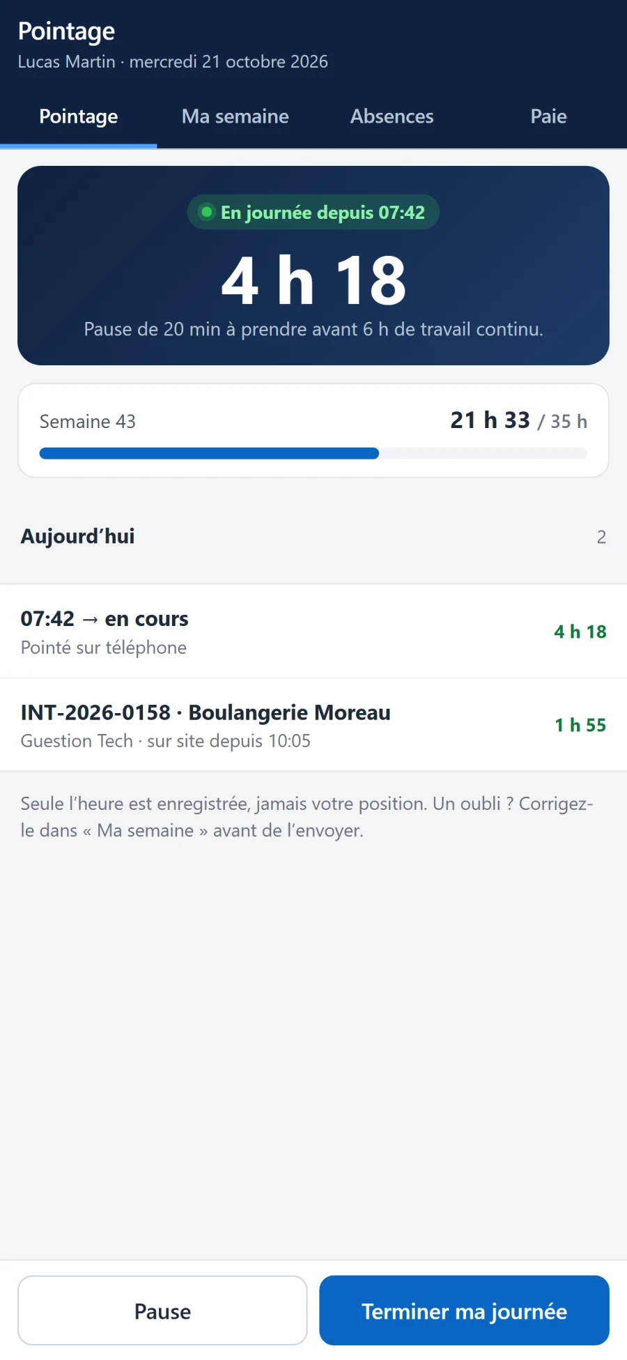 Pointage du salarié sur téléphone