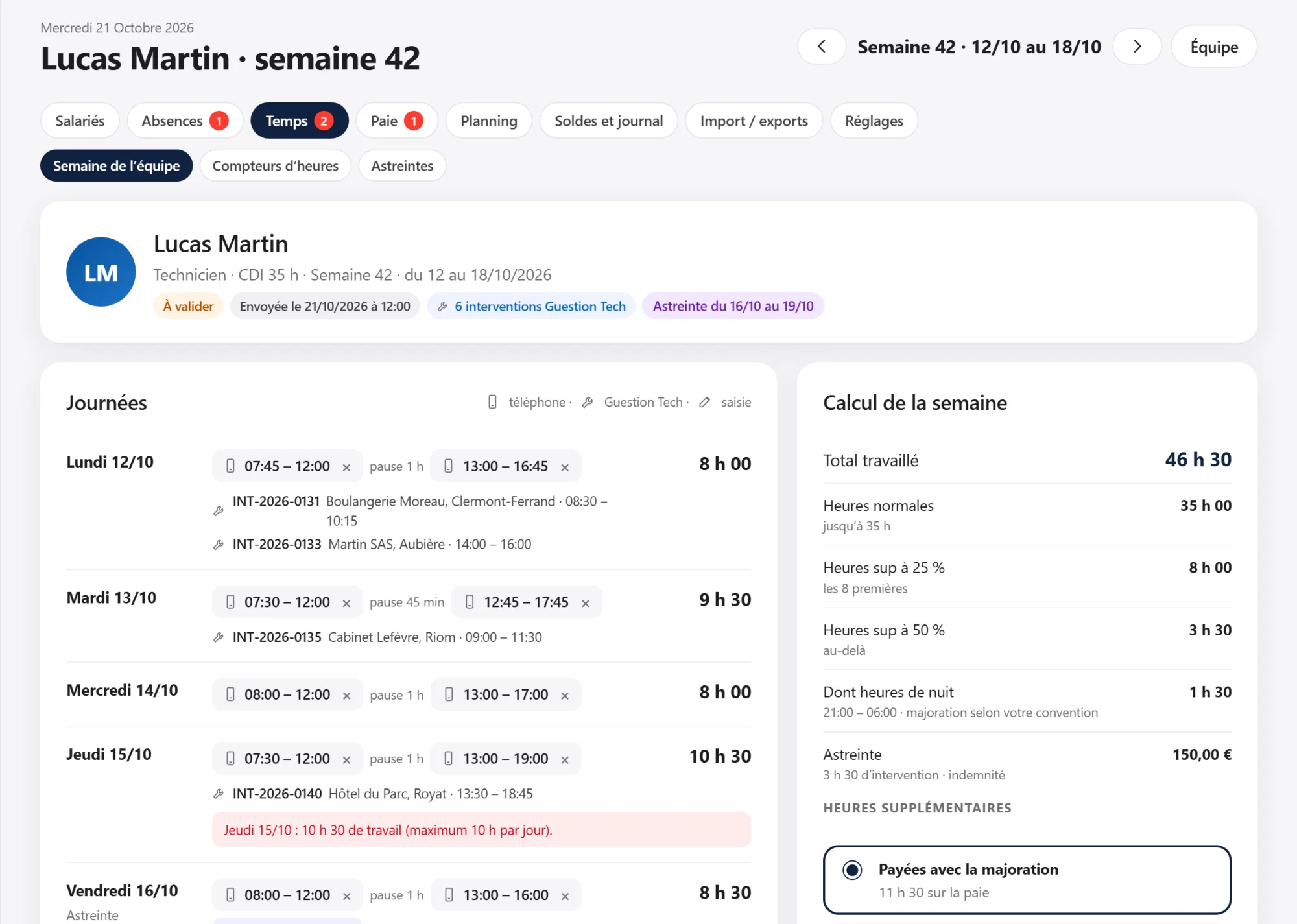 Feuille de temps de la semaine et calcul des heures supplémentaires