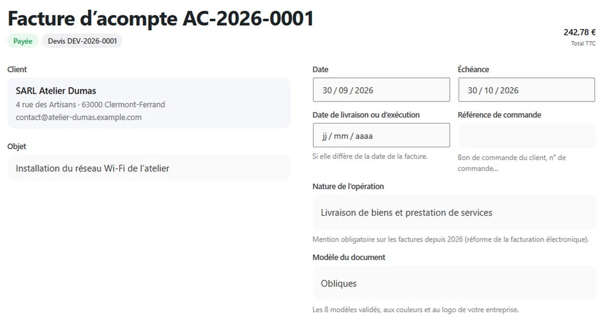 Écran de facture dans Guestion avec le champ Nature de l’opération, mention obligatoire depuis 2026